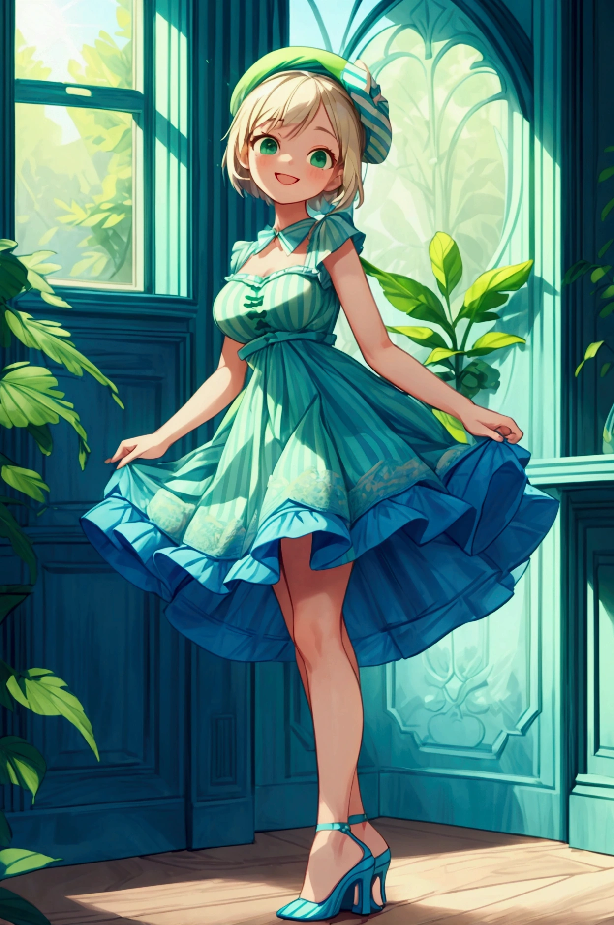 (masterpiece, best quality) 1 girl (Landscape: standing, indoor, intricate detail, sunlight) (Outfit: blue and green frilly striped dress with short neckline, high heels, beret) (Body: white blonde short hair, green eyes, teen gorgeous body, gorgeous legs, lovely, pronounced big breast, smiling