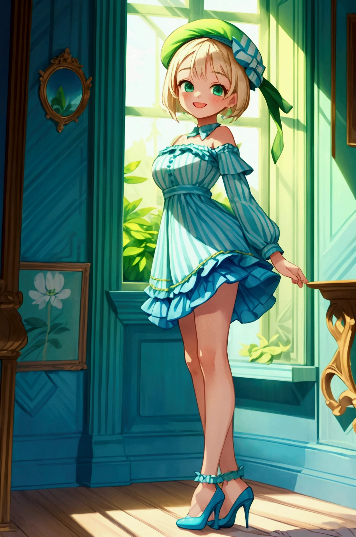 (masterpiece, best quality) 1 girl (Landscape: standing, indoor, intricate detail, sunlight) (Outfit: blue and green frilly striped dress with short neckline, high heels, beret) (Body: white blonde short hair, green eyes, teen gorgeous body, gorgeous legs, lovely, pronounced big breast, smiling