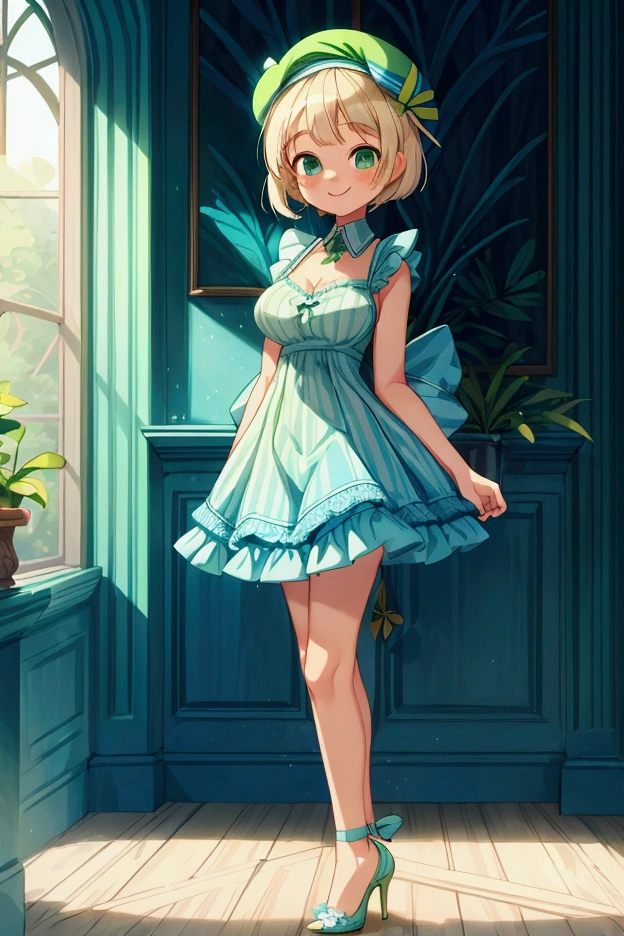 (masterpiece, best quality) 1 girl (Landscape: standing, indoor, intricate detail, sunlight) (Outfit: blue and green frilly striped dress with short neckline, high heels, beret) (Body: white blonde short hair, green eyes, teen gorgeous body, gorgeous legs, lovely, pronounced big breast, smiling