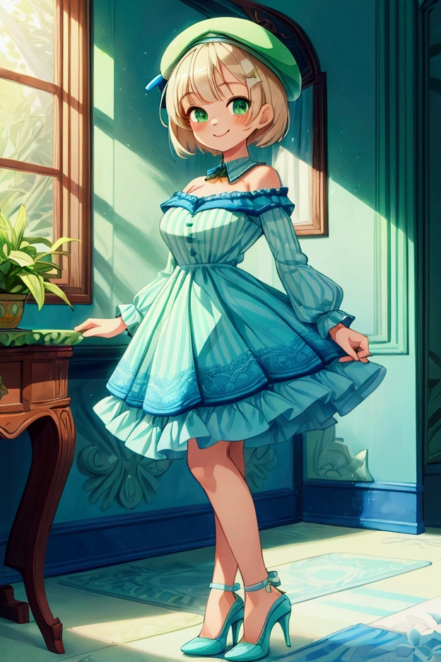 (masterpiece, best quality) 1 girl (Landscape: standing, indoor, intricate detail, sunlight) (Outfit: blue and green frilly striped dress with short neckline, high heels, beret) (Body: white blonde short hair, green eyes, teen gorgeous body, gorgeous legs, lovely, pronounced big breast, smiling