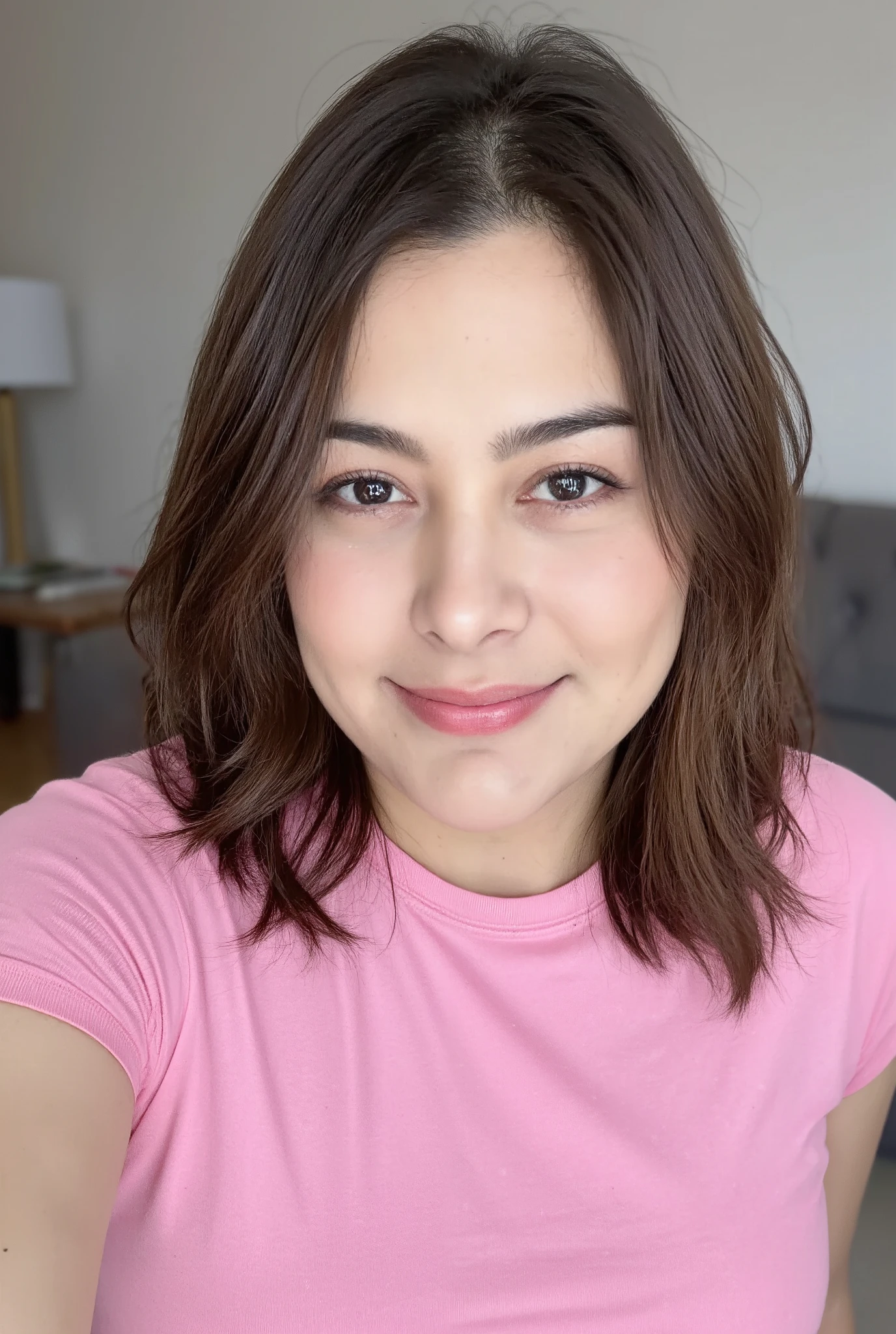 RAW photo of l4r1ss4r1qu3lm3 woman, wearing a pink tshirt, in a living room, detailed face, natural lighting, highly detailed, absurdres, smile happy
