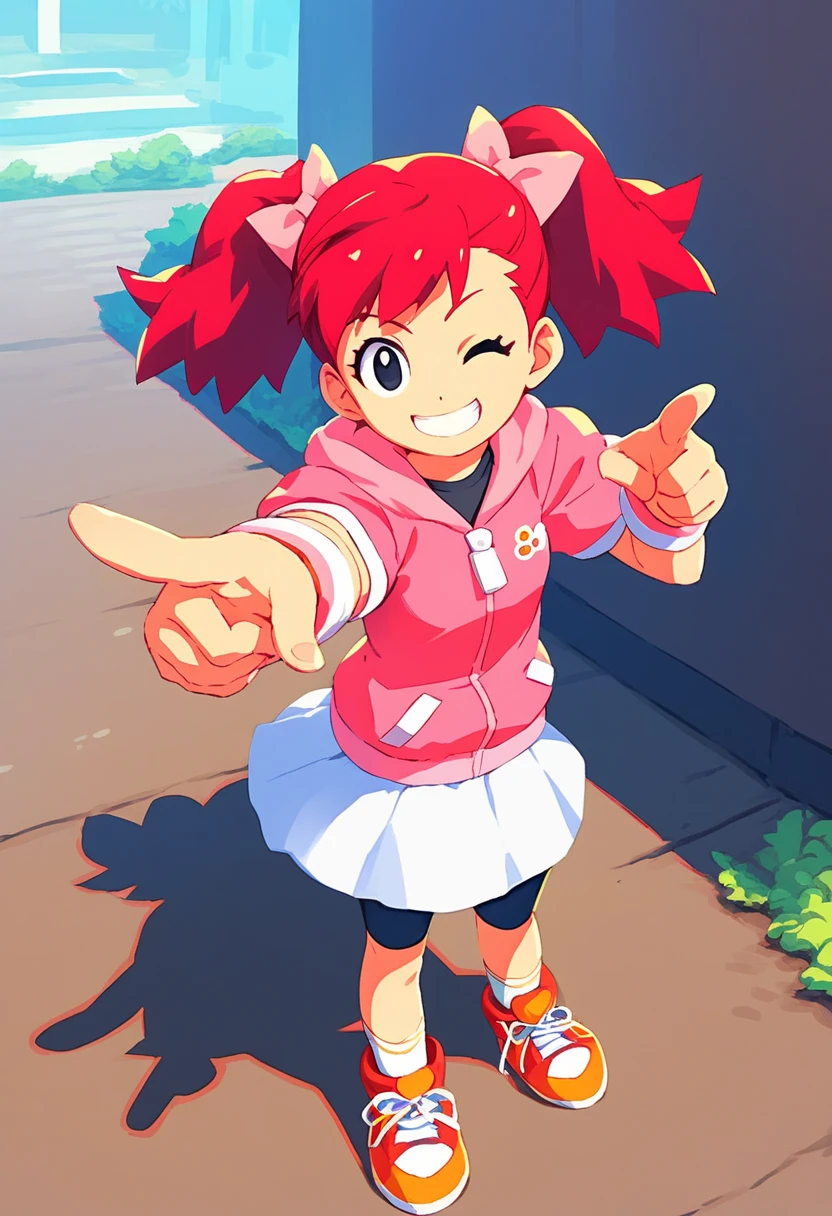 1girl Sayaka (サヤカ) (Yumi)  Ape Escape 3 (サルゲッチュ3) , red hair, twintails, black eyes, hair bow, pink hoodie, short sleeves, wristband, white skirt, bike shorts, socks, sneakers, outdoors, laser blade, tokyo city, standing, pointing at viewer, wink, masterpiece, smiling