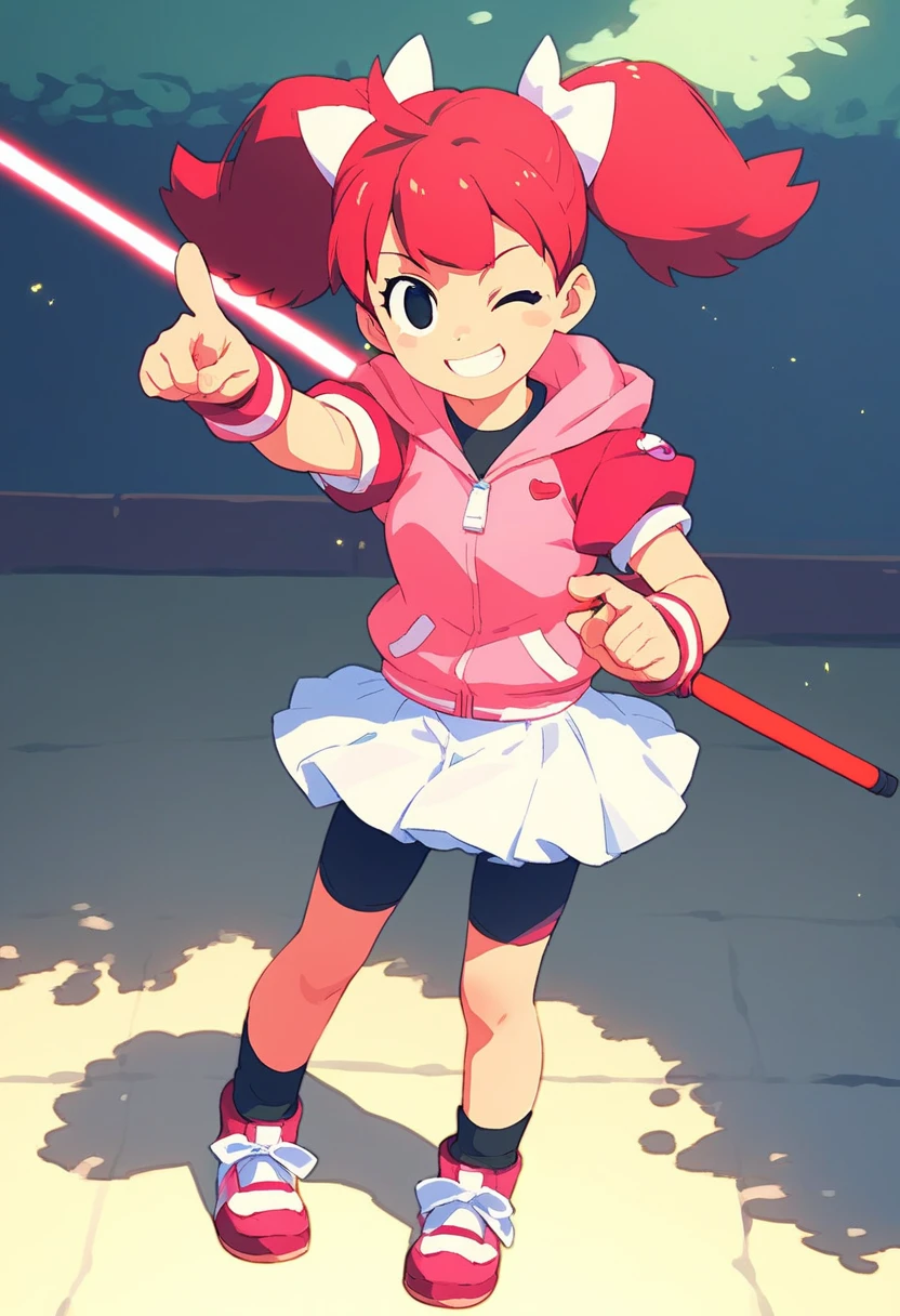 1girl Sayaka (サヤカ) (Yumi)  Ape Escape 3 (サルゲッチュ3) , red hair, twintails, black eyes, hair bow, pink hoodie, short sleeves, wristband, white skirt, bike shorts, socks, sneakers, outdoors, laser blade, tokyo city, standing, pointing at viewer, wink, masterpiece, smiling