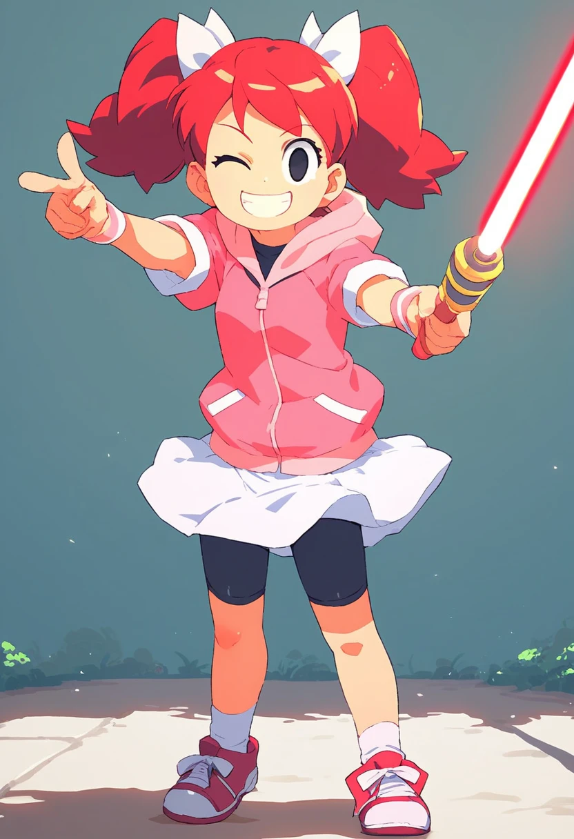 1girl Sayaka (サヤカ) (Yumi)  Ape Escape 3 (サルゲッチュ3) , red hair, twintails, black eyes, hair bow, pink hoodie, short sleeves, wristband, white skirt, bike shorts, socks, sneakers, outdoors, laser blade, tokyo city, standing, pointing at viewer, wink, masterpiece, smiling