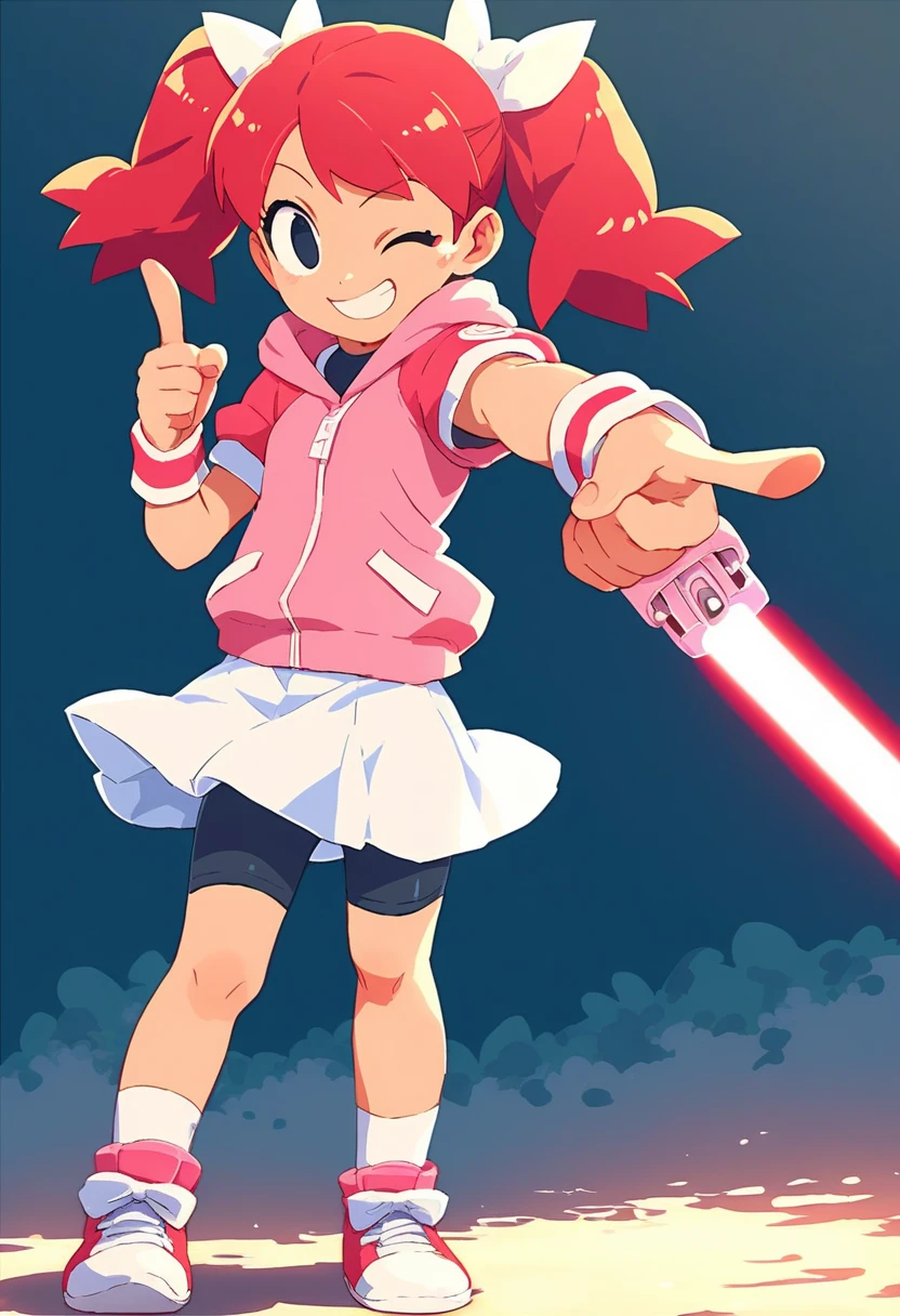 1girl Sayaka (サヤカ) (Yumi)  Ape Escape 3 (サルゲッチュ3) , red hair, twintails, black eyes, hair bow, pink hoodie, short sleeves, wristband, white skirt, bike shorts, socks, sneakers, outdoors, laser blade, tokyo city, standing, pointing at viewer, wink, masterpiece, smiling