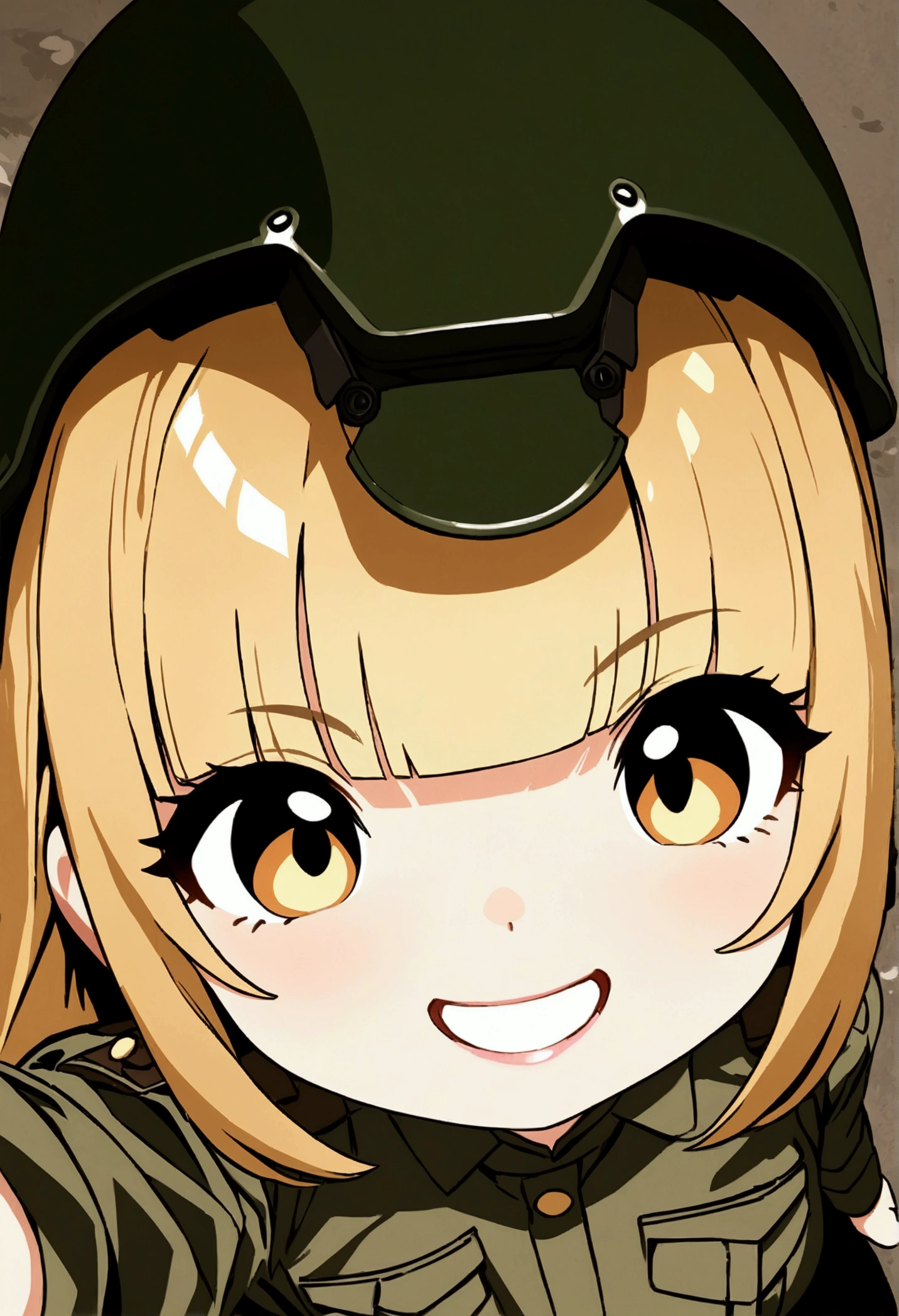 chibi character pretty woman, from above, selfie, (blonde, blunt bangs, grin, camouflage colored military uniform, helmet), manga illustration pop art, ultra detailed, absolutely resolution, masterpiece