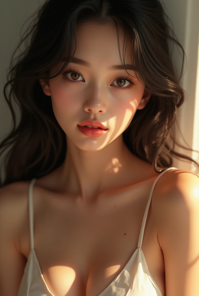 ((masterpiece)), ((best quality)), (portrait of beautiful girl), perfect detailed eyes, perfect detailed face, ultra-detailed nose, open mouth, radom color shorts, perfect teeth, bare shoulddetailed face, ultra-detailed nose, open mouth, radom color shorts, perfect teeth, bare shoulders, charming, perfect face, dimple on cheek, depth of field, highres, ((real skin texture)), (well-proportionedu hands), thin lips, random color hair, floating multicolored hair, thin waist, orange pastel background