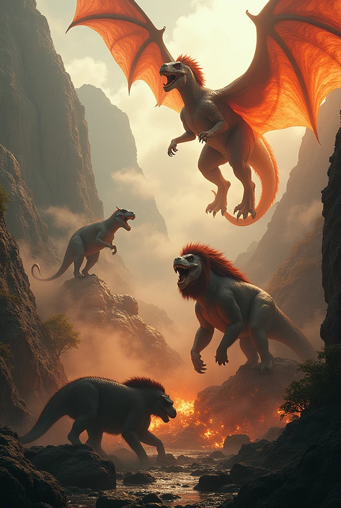 A war is happening animals vs dinosaurs vs dragons