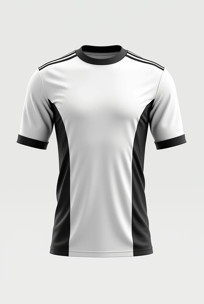 a soccer team uniform with the colors white, black and gold:

chemise:

Base: White with a subtle diagonal or geometric stripe pattern in a lighter shade of white for texture.
detaileds: Black collar and sleeve cuffs with gold detail.