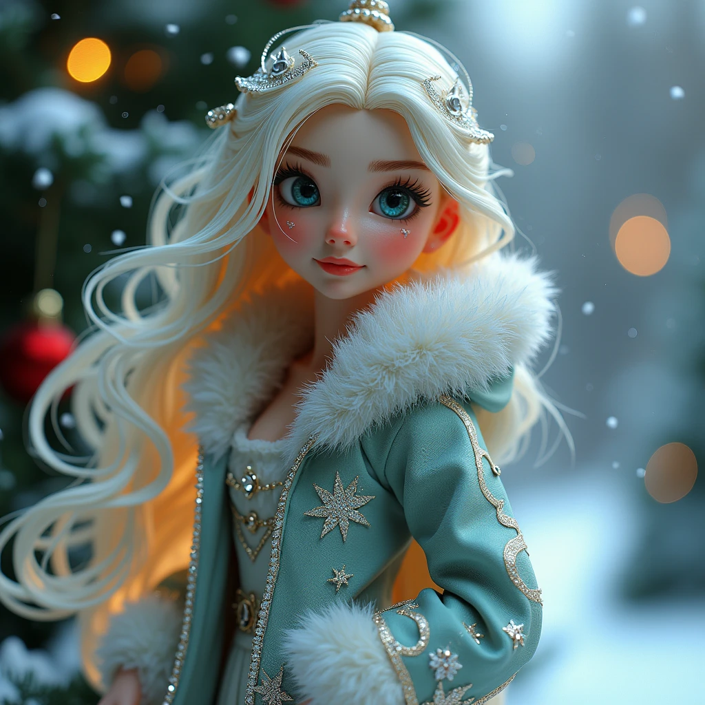 Christmas Tree Decoration in the form of a Snow Maiden in a coat with beautiful glitter, 8 k,  masterpiece fails,  complex , bright colors,  better quality ,  as much detail as possible ,