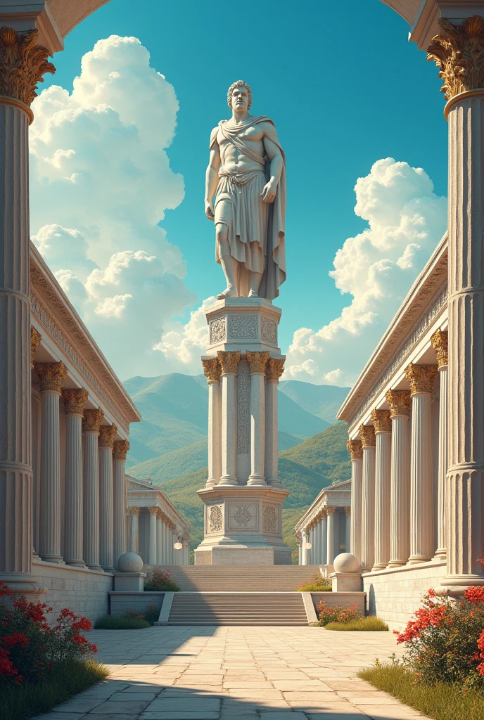 Realistic drawing 8k perfect master piece 1:30 Draw the Hanging Gardens of Babylon as a Roman and European Rococo city. I want rivers to flow through canals, I want a flower bed and a large palace similar to the Palace of Versailles. I want vertical flowers hanging in Victorian houses and various Roman buildings decorated with bouquets of flowers and waterfalls of water.. I want colorful trees and streets with people. I want a white marble statue of a strong young naked king holding a sword with a crown of flowers..
I want a big pink tree in the background. I want an old, bright white steam train releasing colorful smoke passing through the city.