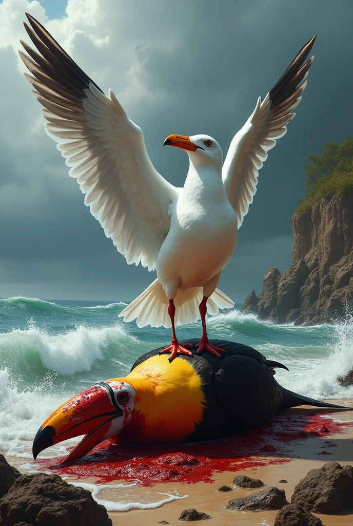 Seagull with a tattoo of salty.  Seagull with human testicles.