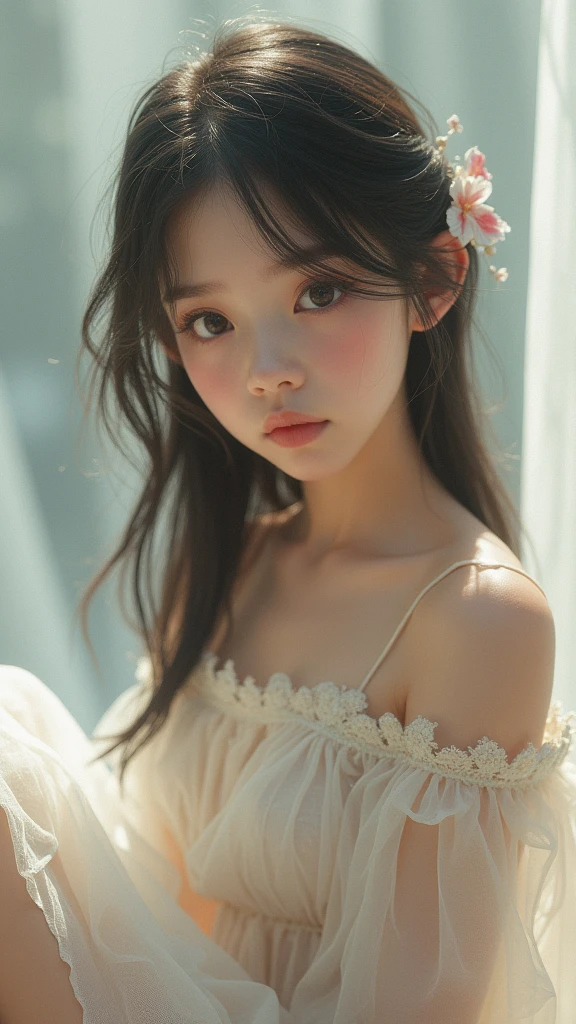 ASİAN, kimono with neckline, wearing top bra, photoshot, realisitic, 14歳, baby face, 120 cm, good contrast, good coloration,