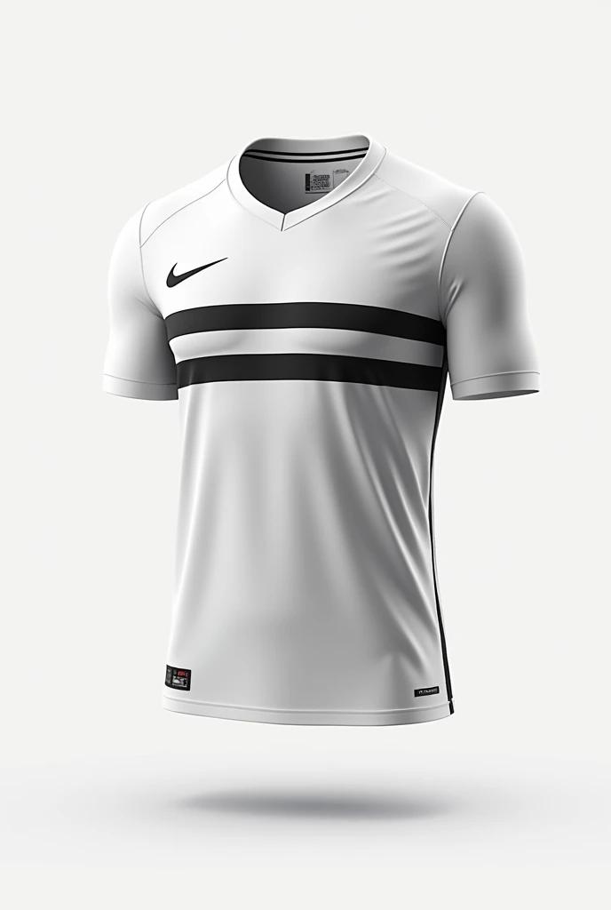 Stylish football uniform with white t-shirt and black shorts with stylish details shown on mannequin, more stylish