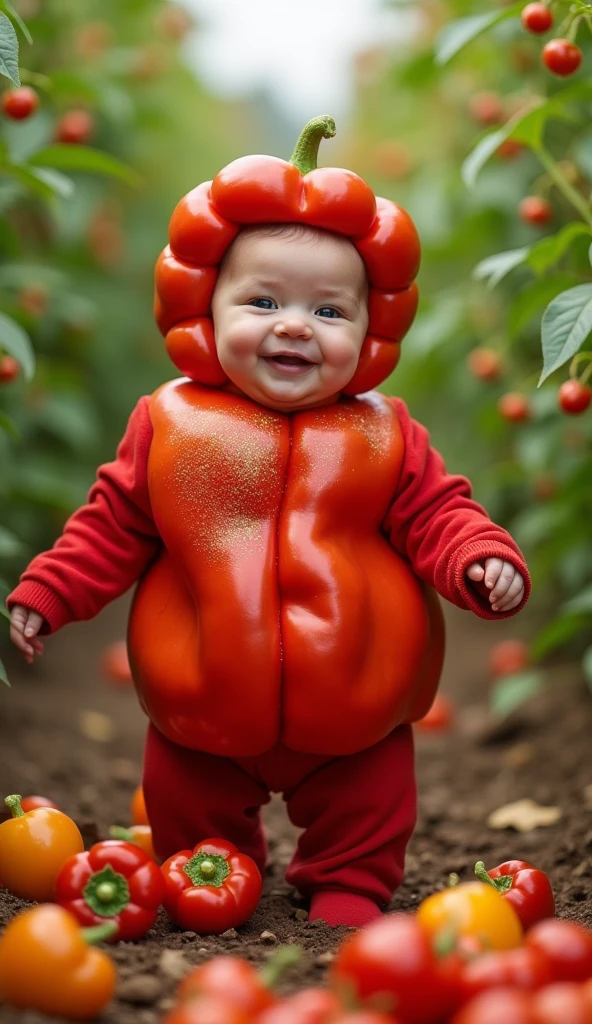  a baby standing wearing a large, lifelike bell pepper costume、The face is real、 a baby about 6 months old 、 cute、smile、Like a photo、 lots of bell peppers at her feet 、The face is real、 glitter、The background is a bell pepper field 