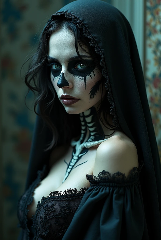 a surreal beautiful woman with a detailed skull face makeup. long black hair, piercing eyes, delicate facial features, elegant neck, wearing a black dress, Sexy curvy hourglass body. Her breasts protrude from her cleavage. standing in a mystical forest with glowing fireflies, cinematic lighting, dark moody colors, highly detailed, digital painting, concept art, photorealistic.