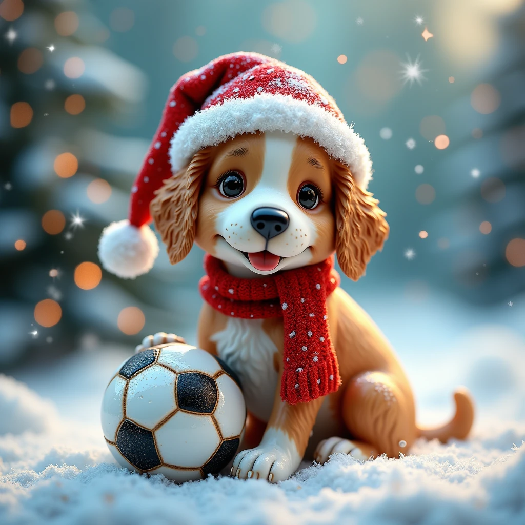 A beautiful Christmas Glass Toy with a dog in a red hat wearing a soccer ball and snow,  better quality ,  complex , bright colors,  maximum quality ,  Lots of Details , 8 k,