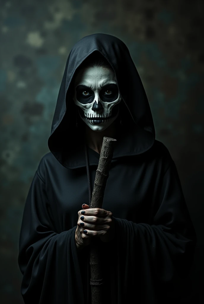 Sexy seductive death, dead face, skull face, hood, lage eyes, makeup, thick curved lips, sexy grim reaper robe, seductive pose