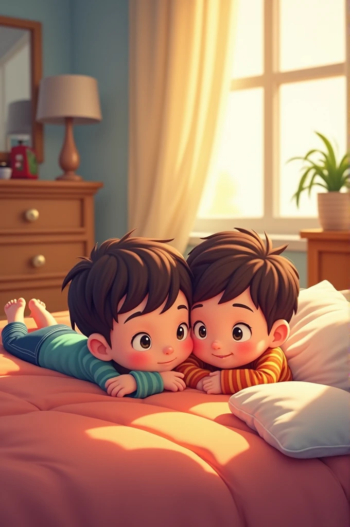 Twins  cartoon boy of five years old. They   are   going  to  sleep on different  types  of beds. In sleeping position 