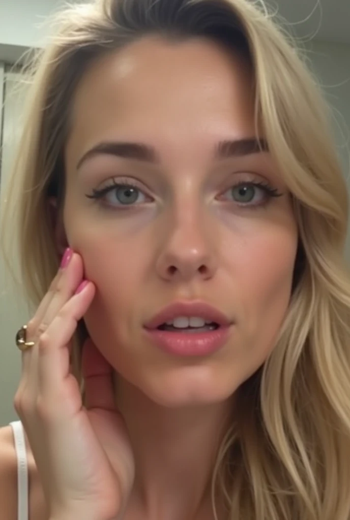 ultra detailed photo of a 25 years old beautiful woman,short straight blonde hair , thin pointy nose, ultra detailed face, beautiful big dark and light green eyes ,big eyelashes, no makeup, suntan, slender, having sex alone with a dildo