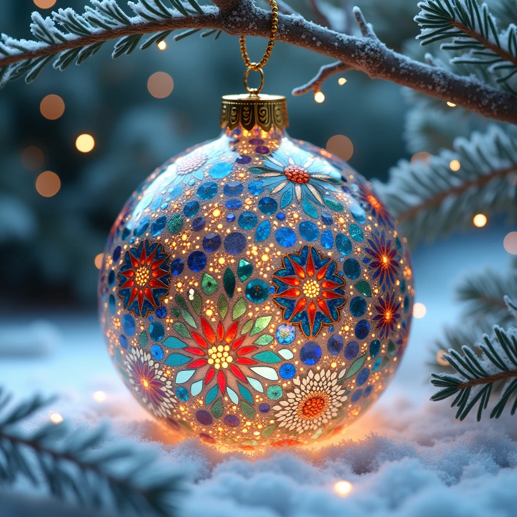 Beautiful Christmas Toy made of glass on which the mosaic image is very beautiful with patterns,  masterpiece fails,  better quality ,  complex ,  maximum quality ,  Lots of Details , 8 k, 