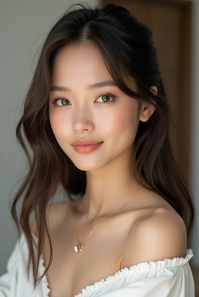 Gentle portrait of a beautiful Asian woman, flowing hair, captivating blue eyes, delicate features, radiant smile, natural makeup, elegantly dressed, small round breast, (Deep V Satin Silk Lingerie)),gentle expression, slight blush, warm skin tones, fantastic lighting, soft shadows, high-resolution digital painting, realistic style, artistic interpretation, by a skilled portraitist.