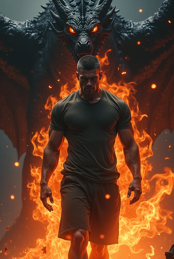 Young indigenous man with defined brown hair wearing a tight black American tank top with tattoos all over his body , with the name Marcelo on the chest , holding a magical black legendary katana , a black magic dragon at his rear , and a burst of water magic and flames around