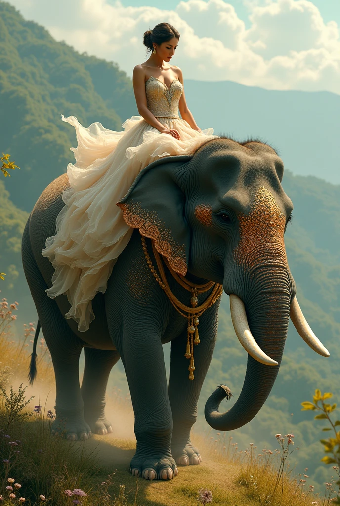Scarlett Johansson catching a grasshopper with a net while riding an elephant.
