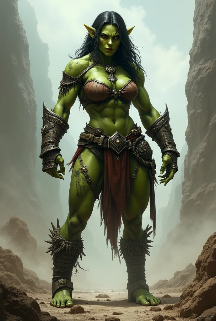 Young orc woman, female orc, chubby, fearsome, walking in the forest, overweight, dirty hair, ((green skin)), skin imperfections, skin dentation, detailed eyes, big saggy breasts, wide hips, round belly, sharp Focus, ultra high quality, crazy details, intricate pose, (wearing leather and linen clothes), tribal tattoos, dirty clothes and skin, deep cleavage, 8k uhd wallpaper, masterpiece, photography, hyperrealistic, interesting shooting angle, orczor, shewoworc, naz_grandmight, view from side 