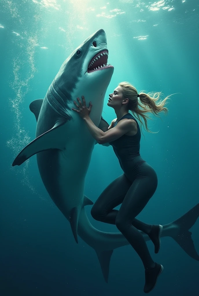 Line Art Black ink of A fitness woman back to back with a humanoid shark, fitness, dark fantasy, muscular, white background