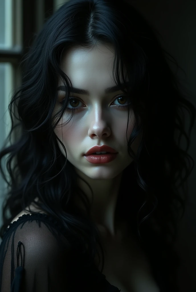 magazine photograph of an elegant woman looking like joh33 dressed like a bohemian with a dark background, from side, window light, dark background <lora:detailed_eye:0.6>