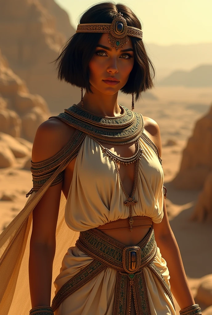 Dark fantasy Photoshoot hyper réaliste femme modèle vogue couverture de magazine de mode inspirée par la déesse égyptienne des temps antique peau réaliste cheveux visage posant Cléopâtre en Isis pyramides égyptiennes personne réaliste avec la mode goth vêtements révélateurs détaillés bombshell body 