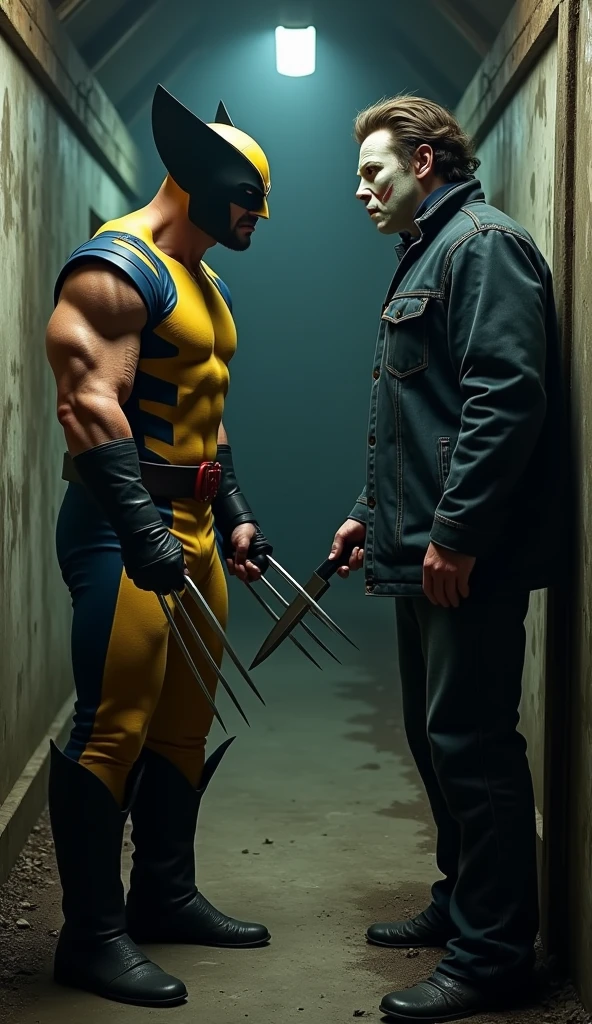 Wolverine (Hugh Jackman) in black X-men suit and Wolverine (Hugh Jackman) in Yellow & blue suit are pointing to each other By their claws . the black wolverine says “Me” in speech bubble, the yellow&blue wolverine says “me” in speech bubble, best quality, high resolution, 32k masterpiece, cinematic lighting, hyperrealistic, no masks