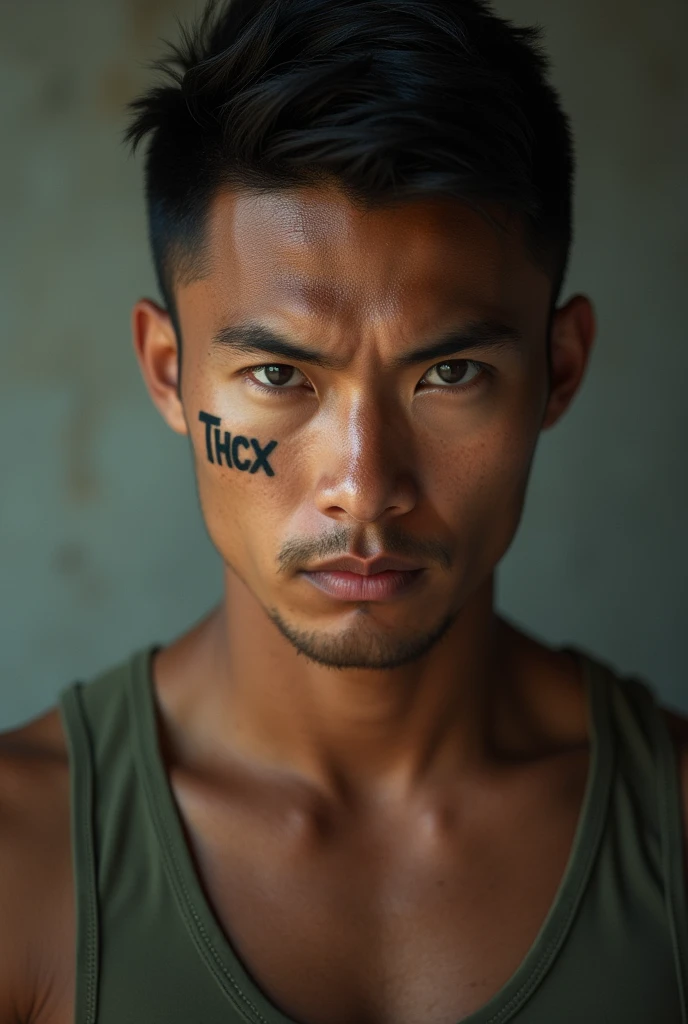 malay guy, bare torso, muscular slender body, grey brief, sitting inside college dorm, both hands show middle finger, sweaty, manspreading, handwritten text "twink destroyer" on torso with arrow pointing to massive boner