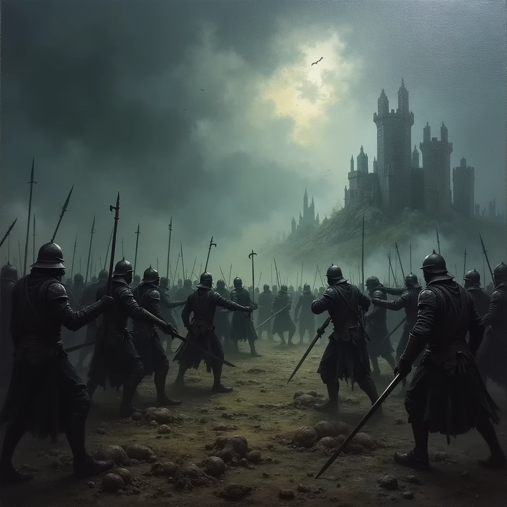plowed image of a man in armor standing in a field of soldiers, unreal motor matte paint, concept art from Darksouls, in the screenshot of the movie 300, warriors, day of judgment, black and white art, in formation, epic diptych, CGSOCIETY