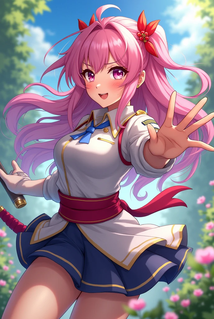 masterpiece, best quality, highres, dragon ball, blmpony, aqua hair, hair ribbon, braided ponytail, pink shirt, belt, scarf, pink skirt, clothes writing, brown gloves, medium breasts, outdoors, cowboy shot, waving, smile
