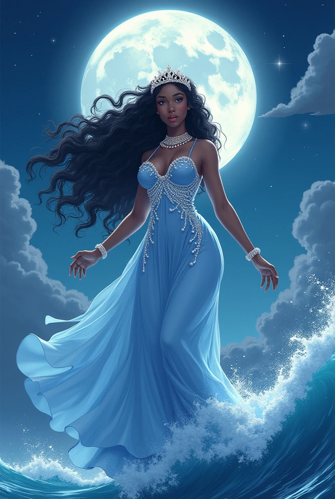 Create a painting of Yemanjá in a modern and distinctive style. She is to be portrayed as a beautiful black woman with long wavy hair, wearing a dark blue dress with silver details that shine like stars. Yemanjá must be emerging from the ocean waters, surrounded by waves that seem to dance around her. The painting should include magical elements, such as soft, twinkling lights in shades of blue and silver, and a starry night sky in the background. Incorporate stylized and contemporary features, but maintain the spiritual and serene aura of divinity. The image should convey a feeling of peace, mystery and power., ultra hd, realistic, vivid colors, highly detailed, UHD drawing, pen and ink, perfect composition, beautiful detailed intricate insanely detailed octane render trending on artstation, 8k artistic photography, photorealistic concept art, soft natural volumetric cinematic perfect light