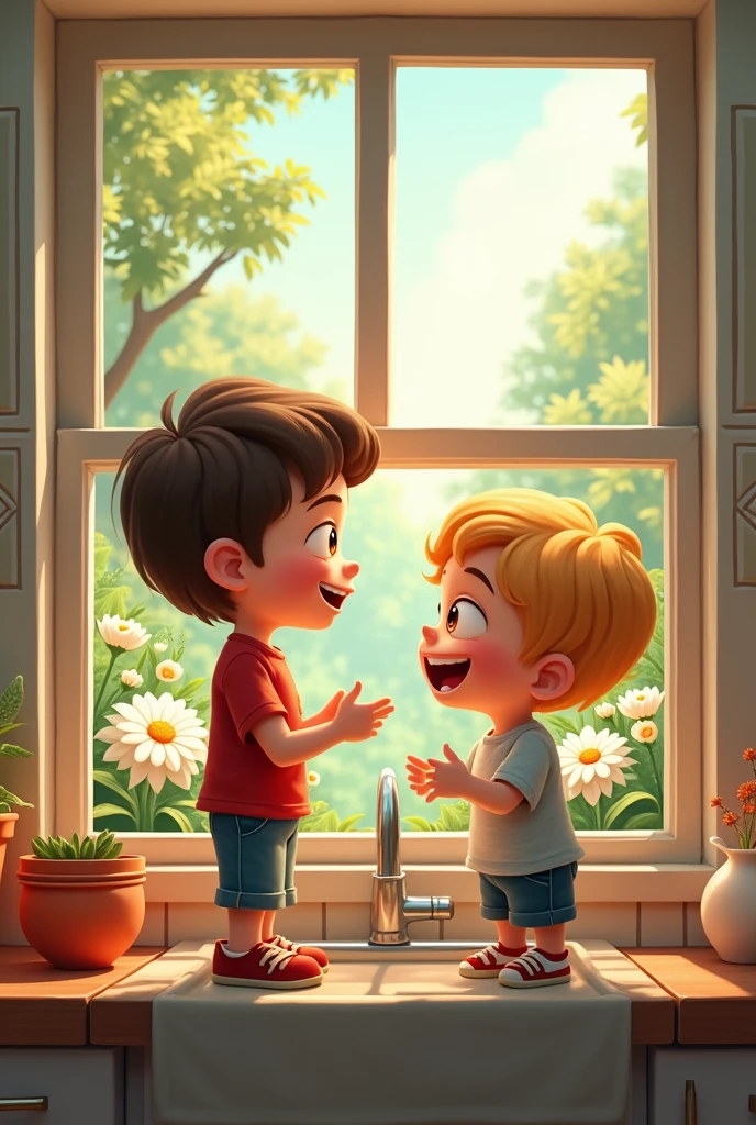 create a sequence where the blond boy turns towards the window, looks at the colorful flowers in the yard and smiles.
Look again at the blue wall of the room and frown., shakes his head and goes to bed.
