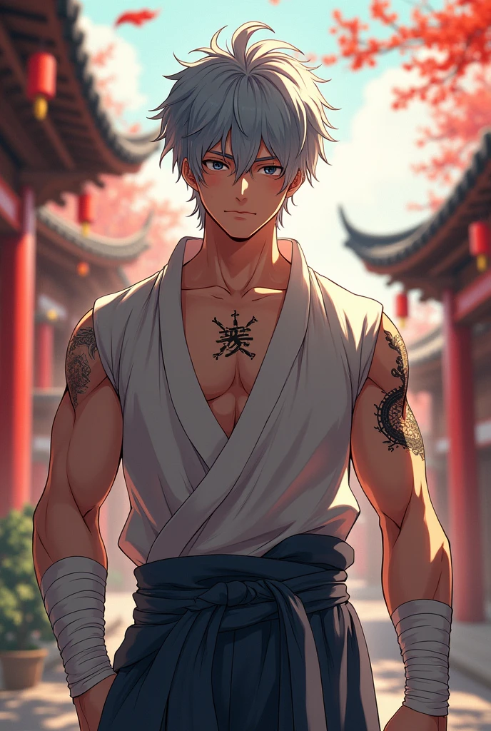 1 naughty man, naughty man, White hair, grey-eyed, calm expression, open black yukata with white details, Japanese battlefield background, wearing no shirt, Hands to the side, face detailed, stopped on the way, detailed back ground, prayer beads around the body