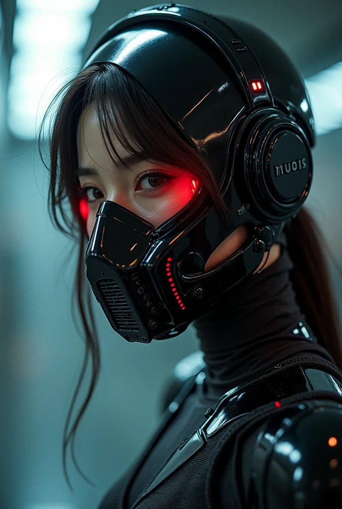 1 girl, Beautiful and cute, fair and smooth skin, nice and thin body, red cheeks, Portrait, face, beautiful and cute, Robot hand, wearing a mask, PPE suits, set in an apocalypse world