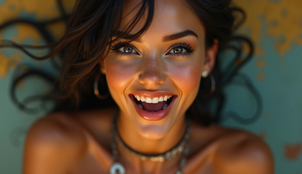 A woman with a moderate height, about 1.65 meters, with a slim and toned body. Hair would be dark, almost black, with dark brown highlights, and it would be long and loose, falling in soft waves over shoulders.
eyes would be a deep blue color, almost turquoise, with a warm and welcoming look. Skin would be brown, with a warm and natural tone, with a small tattoo of a star on the left cheek.
Smile would be wide and warm, with aligned and shiny teeth. A small scar on the upper lip.
More feminine proportions, with loose shoulders and generous curves in the waist and buttocks.