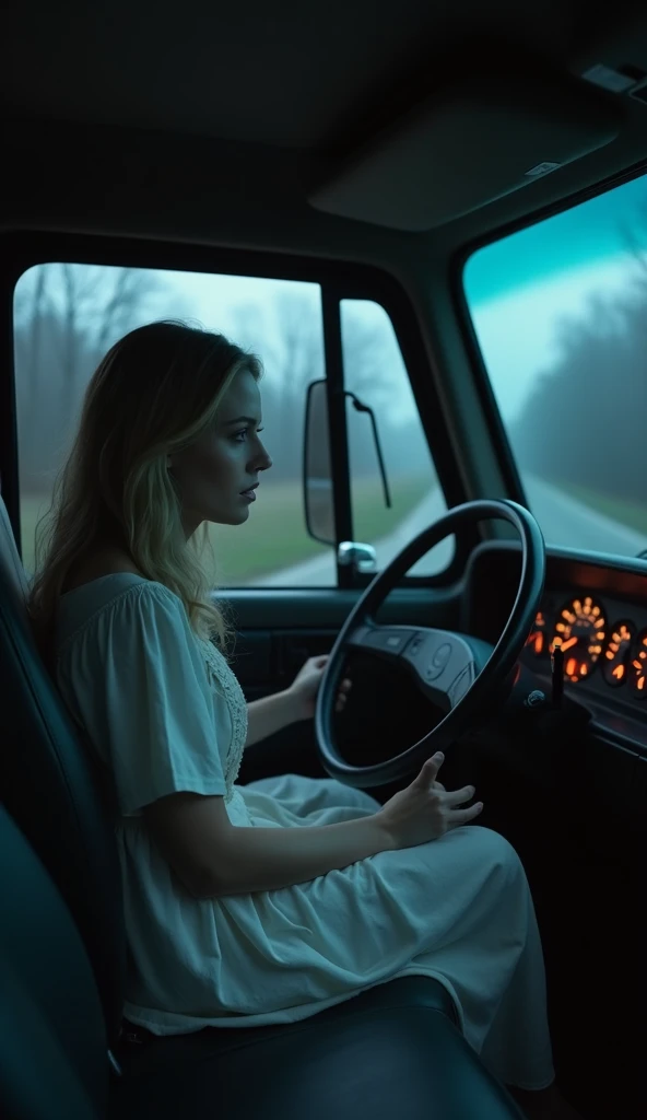 Driving Away: The Chase
Inside the car, Lucy is frantically driving down a narrow, winding forest road at night. Her face is streaked with tears, and she grips the steering wheel tightly, her knuckles white with fear. Outside the car, the headlights illuminate the dark, dense forest, but in the corner of the frame, Slenderman can be seen keeping pace with the vehicle, its long limbs moving unnaturally fast among the trees.