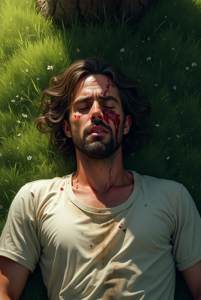 A view of upward of an wounded bloody soldier lying on grass. He's shot in his chest and his eyes are shut
The atmosphere around him is pleasant and beautiful, some butterflies are around