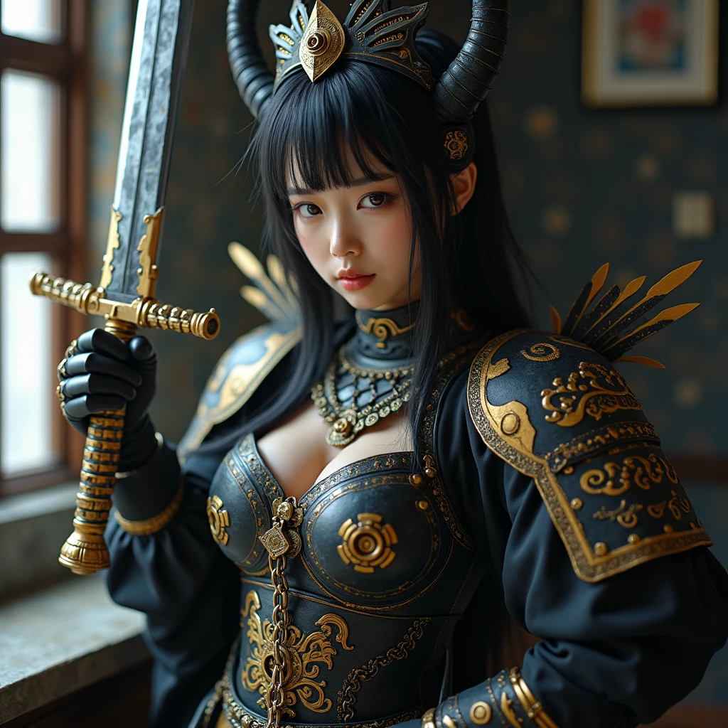 Professional , ​masterpiece、top-quality、photos realistic , depth of fields 、（Gemstone Blue Metal Body:1.２),(Matte Blue Black、（Standing in the church）、gold patterns、Wind-effect、Light Effects、Wind-effect、magic circles、（cleavage of the breast）、Dragon Gold Weapon（Dragon Metal Body:1.４),Gorgeous gold weapons ,（Particles of light）、（Strange expressions）、Mystical expression、16-year-old beautiful girl、（（ Dragon's dense and gorgeous sword）） , Ultimate Beauty   、（（Blue hair））、（Castle background）、The dragon、（（Gangle's forest background））、Beautiful Caucasian beauty、（１a person）、dynamic ungle,(((Details of the two demon horns on the head)))、Smaller head、A smile、Castle background、Thin and beautiful female hands、cleavage of the breast、Soldier in iron armor on background、Mystical expression、Light Effects、Wind-effect、magic circles、With the legendary magic wand、（demonic wings）、（Blue hair）、（1 persons）、Battle Look、Anatomically correct body、Toostock、Toostock、