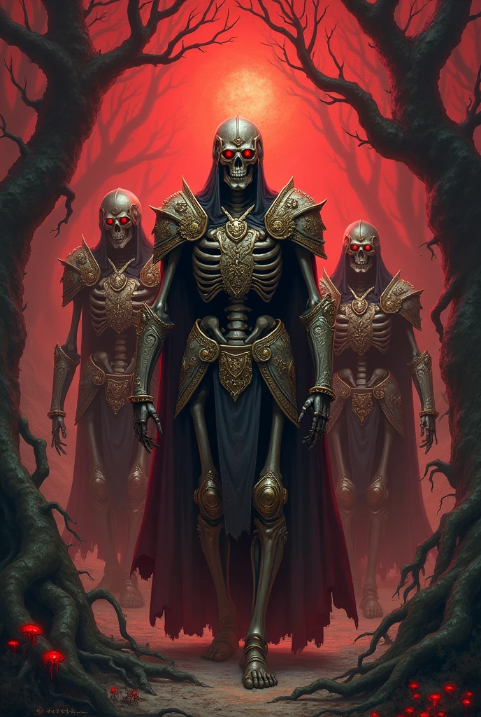 Skeletons in armor, forest, red sky