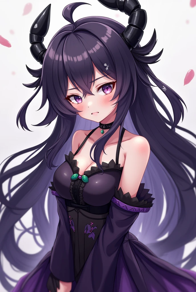 Anime girl with blue-black hair, gray skin, one black eye and one purple eye, with scars on one eye, golden clothing with mesh gloves and bottles, on the body marks as if it were a human doll, Model body with a serious look but with a black and white background