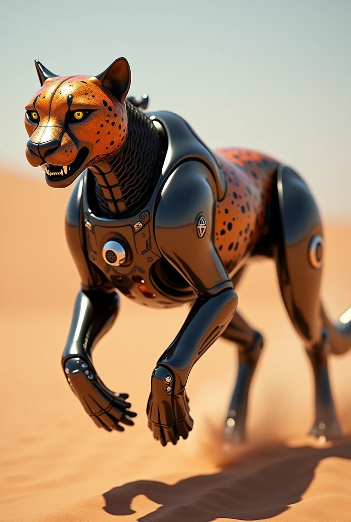 (an incredible cyborg wolf,desert environment)(best quality,ultra-detailed),cybernetic enhancements,sleek metallic body,cyberpunk style,glowing blue eyes,sharp metallic teeth,cybernetic enhancements merging with natural elements,sand dunes stretching into the distance,dust storms adding drama and intensity,harsh sunlight casting long shadows,golden hues of the desert,contrasting with the cool tones of the cyborg wolf,undulating waves of heat distorting the horizon,mysterious ruins in the background,echoing the hybrid nature of the cyborg wolf,blending seamlessly into the desert landscape.