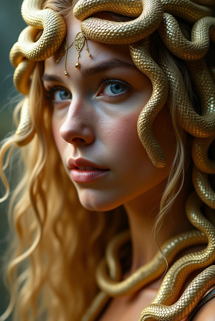 ((medusa)), ((the hair is composed of countless small snakes)), ((cobertura da parte superior do corpo com cobras)), (cara de olho de cobra verde, hands on cheeks, Rosto alto e detalhado, olhos altamente detalhados, 16k, Foto RAW, best quality, master part, Foto colorida RAW de alto detalhe, dramatic lighting, Cinematic lighting,
