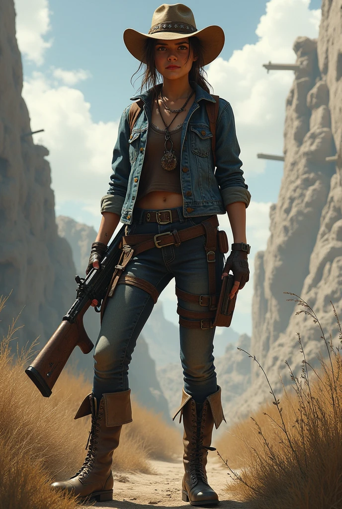top quality, future world, State-of-the-art robot, Beautiful Woman on cow, flying hair, Transformed into a cyborg except for the face,  Transformed into a cyborg except for the shoulder, sexy images, whole body photo, (((cowboy, hat, jacket, belt, she hold shotgun shoot to front, boots with spur, future desert and mountain, cactus)))