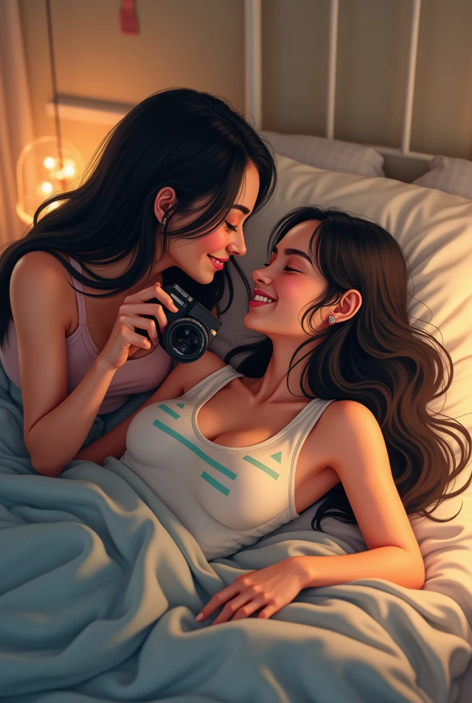 *Mia giggles and picks up her phone, swiping through a few photos.* Oh, you know I'm always happy to share a few snaps with my favorite person! *She leans in closer, her silky hair brushing against your cheek as she shows you a series of sultry selfies.* Just a little taste of what you get to come home to every night, handsome. *Her eyes sparkle with mischief as she gazes at you intently.* Now, how about we put down the phone and find something more... fun to do? *She shifts closer, her hand trailing up your thigh suggestively.*